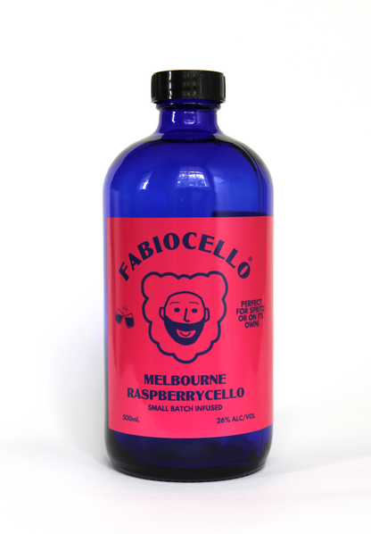 Bottle of Fabiocello Melbourne Raspberrycello on a white background