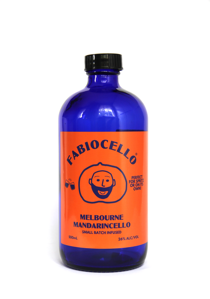 A 500ml cobalt blue glass bottle of Fabiocello Melbourne Mandarincello spirituous liquid, featuring a bright orange label with a cartoon face logo and a black screw cap, set against a plain white background.
